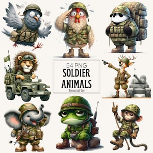 Könnte beinhalten: Eine Sammlung von Cartoon-Soldaten-Tieren, darunter eine Taube, ein Huhn, ein Panda, ein Löwe, ein Hirsch, ein Elefant, ein Frosch und ein Affe, alle in Tarnuniformen und Helmen. Der Text "54 PNG SOLDIER ANIMALS Commercial Use" ist enthalten.