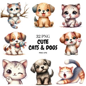 32 Watercolor Cute Cats & Dogs PNG Clipart | Adorable Pet Illustrations for Stickers, Nursery Wall Art, Sublimation, Scrapbooking and More