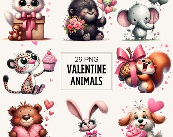 Valentine Animals Watercolor Clipart Bundle (Digital Download)