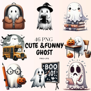 May include: A collection of cute and funny ghost illustrations. The ghosts are depicted in various scenarios, including wearing a witch hat, holding a book, and riding a school bus. The image includes the text "46 PNG Cute & Funny Ghost".