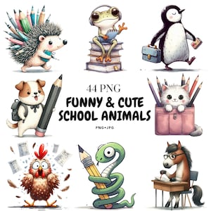 Puede incluir: Una colección de ilustraciones caprichosas con animales con temática escolar. La imagen incluye un erizo con lápices, una rana con auriculares, un pingüino con un maletín, un perro con un lápiz, un gato en un estuche, una gallina con papeles, una serpiente con un lápiz y un caballo en un escritorio. El texto dice "44 PNG FUNNY & CUTE SCHOOL ANIMALS".