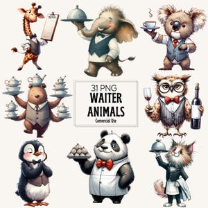 Watercolor Waiter Animals Clipart Bundle: 31 Funny Animals PNGs (Digital Download)