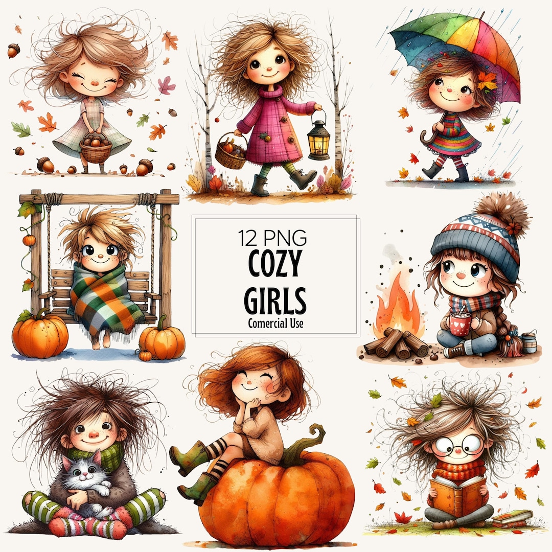 25 Cozy Autumn Watercolor Girls Clipart Bundle, Whimsical Fall PNG ...