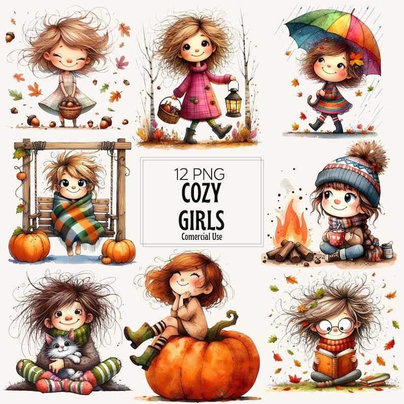 25 Cozy Autumn Watercolor Girls Clipart Bundle, Whimsical Fall PNG ...