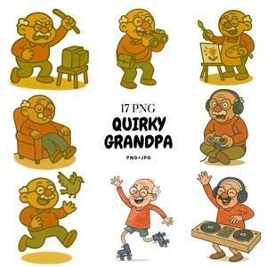 17 Imágenes prediseñadas de abuelos peculiares en acuarela / Imágenes gráficas divertidas de abuelos / Descarga digital imprimible por sublimación / Uso comercial