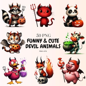 50 Watercolor Spooky Cute Devil Animals Clipart PNG |Funny Halloween Animal Stickers for Sublimation, Scrapbooking, Crafts & Decor