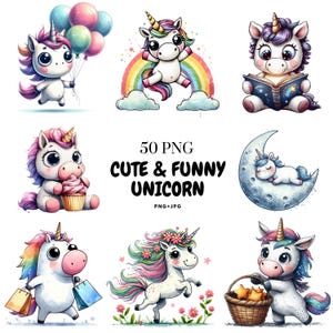 50 Watercolor Cute Unicorn PNG Clipart | Funny Magical Unicorns for Kids Party, Nursery Art, Stickers, Baby Shower, Sublimation & Crafts