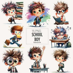 May include: A set of cartoon illustrations depicting a school boy in different scenarios. The images show the boy carrying books, waving, reading, eating toast, using a magnifying glass, raising his hand, and walking. The text "15 PNG SCHOOL BOY Comerical Use" is included.
