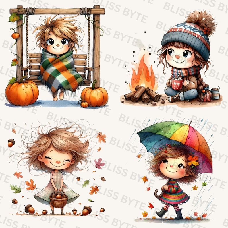 25 Cozy Autumn Watercolor Girls Clipart Bundle, Whimsical Fall PNG ...
