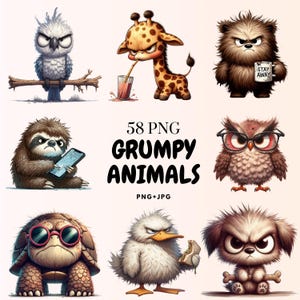 Peut inclure: Graphique numérique présentant neuf animaux de dessins animés grincheux, dont un hibou, une girafe, un ours, un paresseux, une tortue, un canard et un chien. Le texte "58 PNG GRUMPY ANIMALS PNG+JPG" est affiché au centre de l'image.