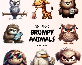 May include: A digital graphic featuring nine cartoon grumpy animals, including an owl, giraffe, bear, sloth, turtle, duck, and dog. The text "58 PNG GRUMPY ANIMALS PNG+JPG" is displayed in the center of the image.
