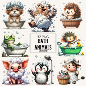 Puede incluir: Una colección de 32 imágenes PNG con adorables animales de dibujos animados disfrutando de la hora del baño. Las ilustraciones incluyen un perro, un oso, un erizo, una rana, un mono, un cerdo, un pingüino y una vaca, todos rodeados de burbujas. Se muestra el texto "BATH ANIMALS".