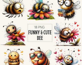 May include: A collection of 18 PNG images featuring cartoon bees in various poses. The bees are depicted with expressive faces, wearing glasses, and holding books or flowers. The text "FUNNY & CUTE BEE" is displayed in the center.