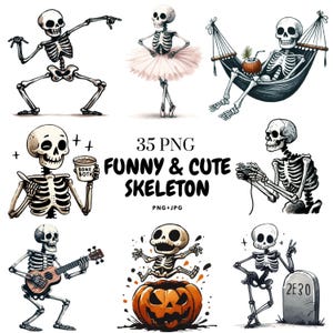 May include: A collection of whimsical skeleton illustrations in various poses. One skeleton dances, another wears a tutu, and another relaxes in a hammock. The image includes the text "Funny & Cute Skeleton" and "35 PNG".