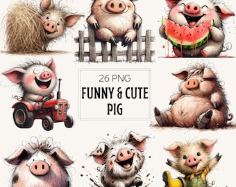 Paquete de imágenes prediseñadas de cerdos en acuarela: diseños divertidos en PNG y JPG