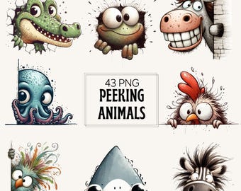 Peeking Animal Clipart Bundle: Funny Corner Illustrations (Digital Download, PNG, Commercial Use)