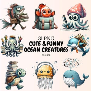 Może przedstawiać: Kolekcja kolorowych ilustracji zabawnych stworzeń morskich, w tym ryby z książkami, błazenka w plecaku i ośmiornicy z ołówkami. Tekst brzmi "31 PNG CUTE & FUNNY OCEAN CREATURES".