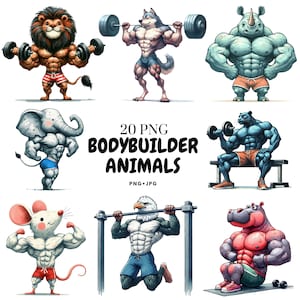 20 Watercolor Bodybuilder Animal PNG Clipart | Funny Strong Gym Animals for Stickers, Kids Art, Sublimation, Posters & Craft Projects