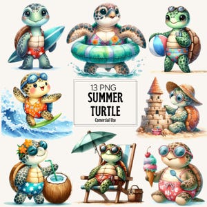 May include: A collection of cartoon turtles enjoying summer activities. The turtles are depicted with sunglasses, swimsuits, and accessories like surfboards, beach balls, and ice cream cones. The image includes the text "13 PNG SUMMER TURTLE Commercial Use."