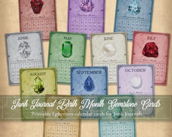 Junk Journal Birth Month Gemstone Cards, Printable Ephemera Kit, Birthday Gift, Vintage Fussy cuts, Digital Download