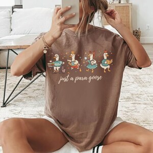 May include: Brown t-shirt featuring a whimsical illustration of four geese, each with unique accessories, including a wheelchair, graduation cap, and magnifying glass. The text "just a para goose" is printed below the geese.