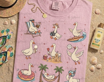 Camiseta de ganso de verano, camiseta de pato playero adorable, camiseta de ganso en modo vacaciones, camiseta gráfica veraniega de animales divertida, camiseta playera estética
