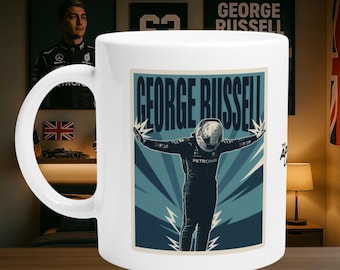 Taza de George Russell F1: Regalo con diseño retro para aficionados y coleccionistas de automovilismo