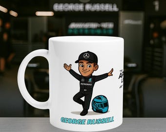George Russell Cartoon Mug: Mercedes F1 Fan Gift