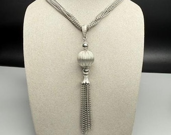 Vintage Tassel Necklace Silver Tone Multi Strand MCM Modernist 21"