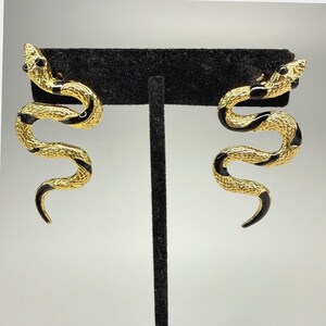 Vintage Snake Earrings Gold Tone Black Enamel Egyptian Revival