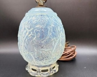 Vintage Opaline Glass Lamp Embossed Floral Egg Shaped Bedside Table 50s Pretty