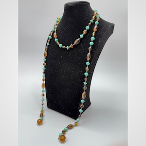 Vintage Glass Lariat Necklace 47" Flapper Extra Long Linked Beads Crystal Ends
