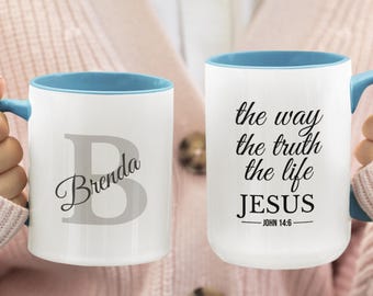 Personalized Bible Verse Mug, Custom Name Christian Coffee Cup, John 14:6 Jesus Mug, Faith Gift for Women, Mothers Day Religious Inspiration
