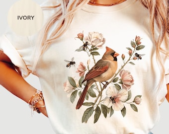 Cardinal Bird Shirt, Cottagecore Bird Tee, Botanical Floral Shirt, Bird Lover Gift, Vintage Nature Shirt, Garden Bird Graphic
