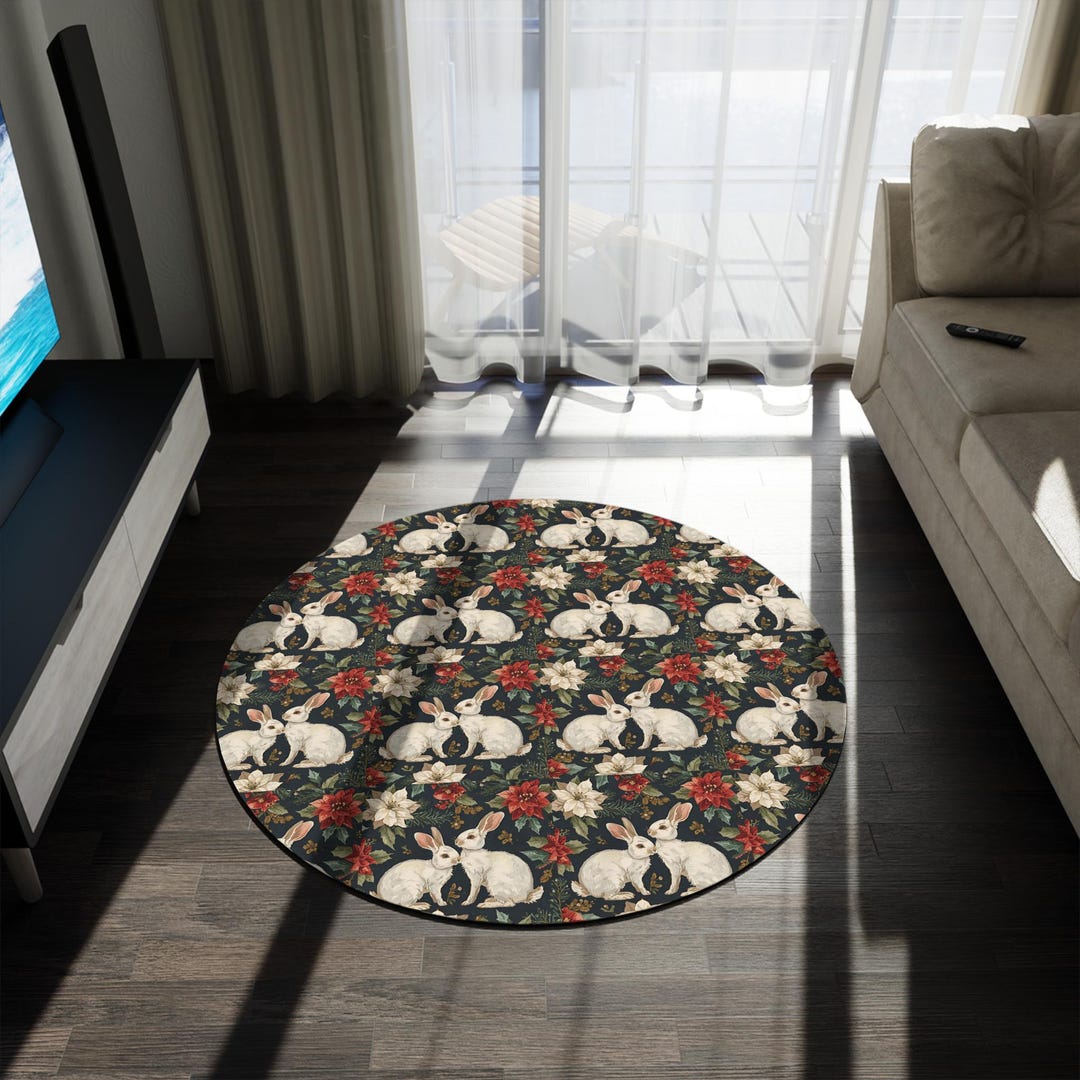 Vintage Christmas Bunny Rug | Watercolor Rabbits & Poinsettias ...
