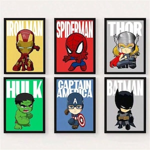 Poster, LOT 6, Karte Marvel-Helden, für Ihre Innenwandkunst, Spider-Man, Captain America, Hulk, Iron-Man, Batman …