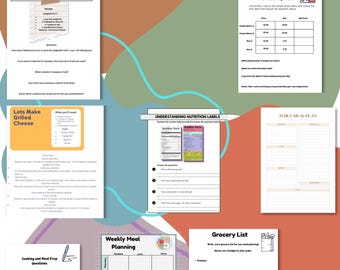 Puede incluir: Un paquete de currículo imprimible para estudiantes de secundaria centrado en la cocina y la preparación de comidas. El paquete incluye hojas de trabajo sobre la lectura de recetas, las conversiones de ingredientes, el presupuesto de comestibles, las etiquetas nutricionales, la planificación de comidas y las listas de comestibles. Las hojas de trabajo son coloridas y presentan una variedad de imágenes.