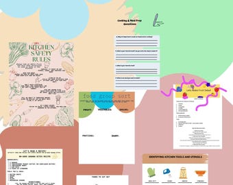 Puede incluir: Un conjunto de hojas de trabajo imprimibles coloridas para enseñar cocina y preparación de comidas a los alumnos de primaria. Las hojas de trabajo incluyen reglas de seguridad en la cocina, clasificación de grupos de alimentos, identificación de herramientas y utensilios de cocina, y una receta para bocados de plátano sin hornear.