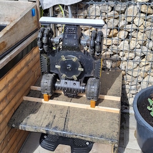 May include: A black and yellow robotic gardening device with multiple wheels and a white top. The device is positioned on a wooden platform, near a raised garden bed with leafy green and red plants, and a potted plant.