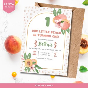 Our Little Peach is Turning One – Editable First Birthday Invitation | Canva Template | Peachy Keen Party Invite | Instant Download