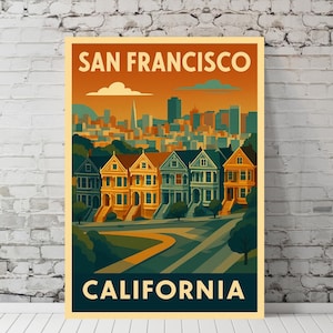 San Francisco Printable Poster | Painted Ladies Digital Art | California Travel Wall Print | Retro Cityscape | Vintage Decor