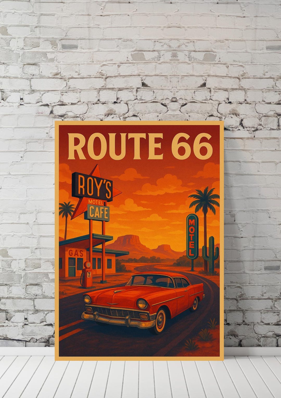 Route 66 Poster | Vintage Car Wall Art | Roy's Motel Retro Print ...