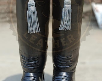 Handmade Black Hessian Leather Riding Boots: Vintage Military Parade