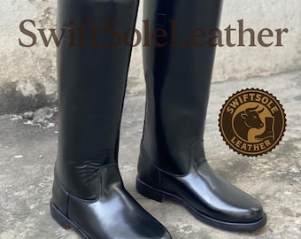 Handgefertigte schwarze Leder Reitstiefel | Hoher Militär Kavallerie Reiter Stil