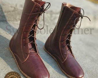 Botines de cuero marrón para hombre con cordones, estilo vintage hecho a mano y cremallera lateral.