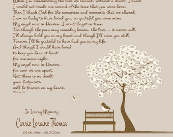 May include: A brown and white floral tree with a bird perched on a brown bench. The text "In Loving Memory Carrie Loraine Thomas 03.06.1968 - 05.27.2016" is printed below the bench. The background is a light brown color.