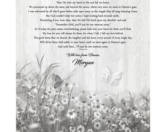 May include: A black and white poem about remembering a loved one who has passed away. The poem is titled "One Memory Away" and is written in a cursive font. The poem is surrounded by a floral design with butterflies.