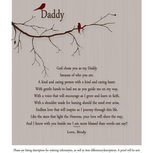 Puede incluir: Un poema sobre un padre, escrito sobre un fondo marr&oacute;n con una simple ilustraci&oacute;n de una rama de &aacute;rbol con dos p&aacute;jaros rojos. El poema dice: "Dios te eligi&oacute; como mi pap&aacute; porque eres quien eres, Una persona amable y cari&ntilde;osa con un coraz&oacute;n amable y cari&ntilde;oso. Con manos gentiles para guiarme mientras me gu&iacute;as en mi camino, Con una voz que me animar&aacute; mientras crezco y aprendo en la fe. Con un hombro hecho para apoyarse si es necesario, Amor infinito que me inspirar&aacute; mientras viajo por esta vida. Como las estrellas que iluminan los Cielos, tu amor mostrar&aacute; el camino, Y s&eacute; que contigo a mi lado estoy m&aacute;s bendecido de lo que las palabras pueden decir!! Amor, Brody"