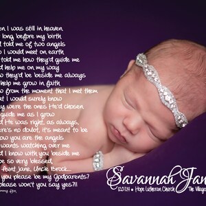 May include: A newborn baby girl sleeping on a purple blanket with a silver headband. The image includes a poem about the baby's arrival and a request for godparents. The text reads "Savannah Jane 12.07.14 Hope Lutheran Church The Villages, FL"