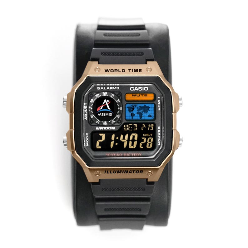 Custom “ARTEMIS” Moon Watch, Modified Watch Based on Casio ae1200, NASA, Digital Modified Watch, Gift for Him, New in Box, by Nocturnal Time Gold + Black Band